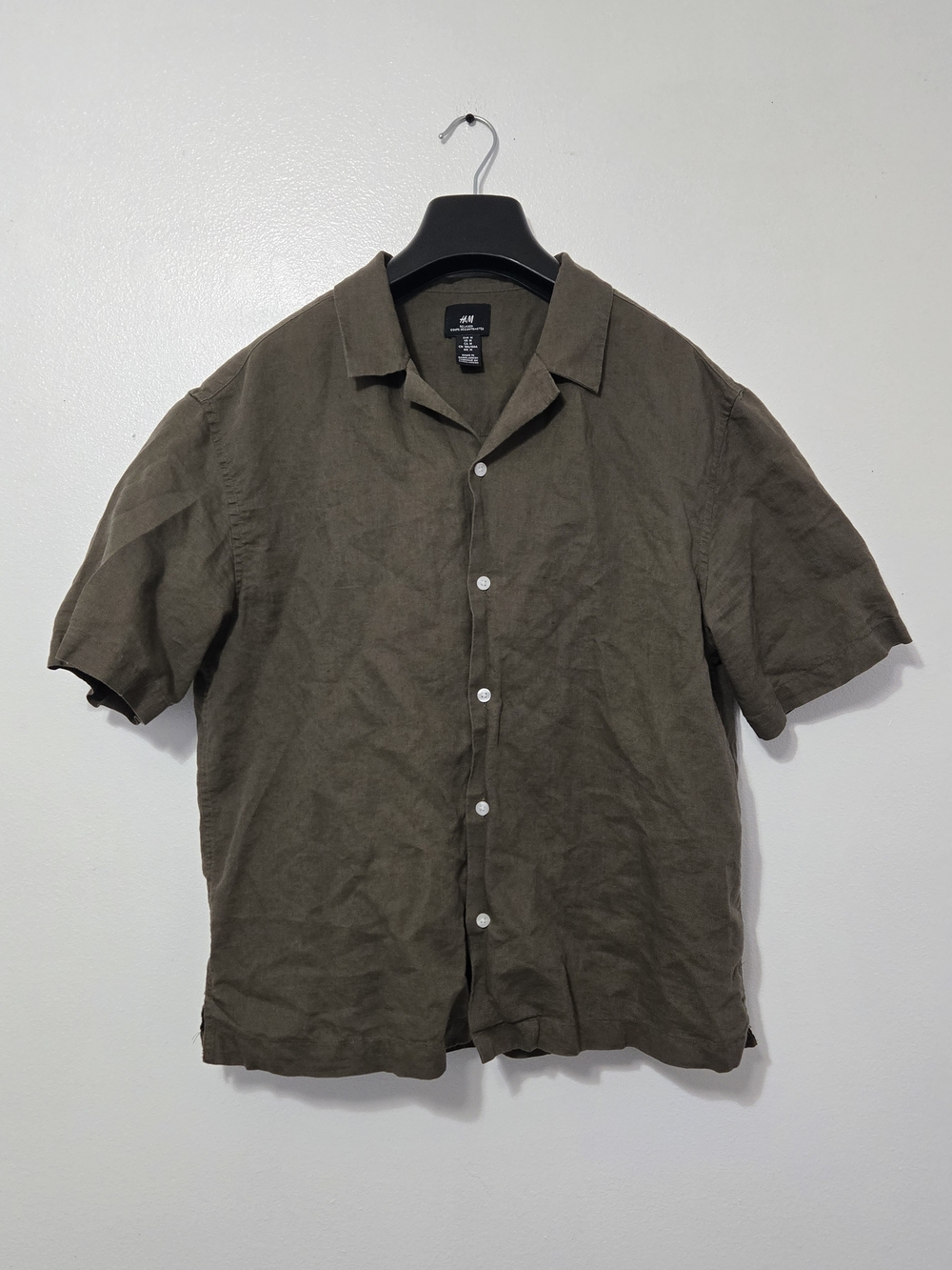 H&M Olive Green Short-Sleeve Button-Down Shirt Linen Blend Mens Med